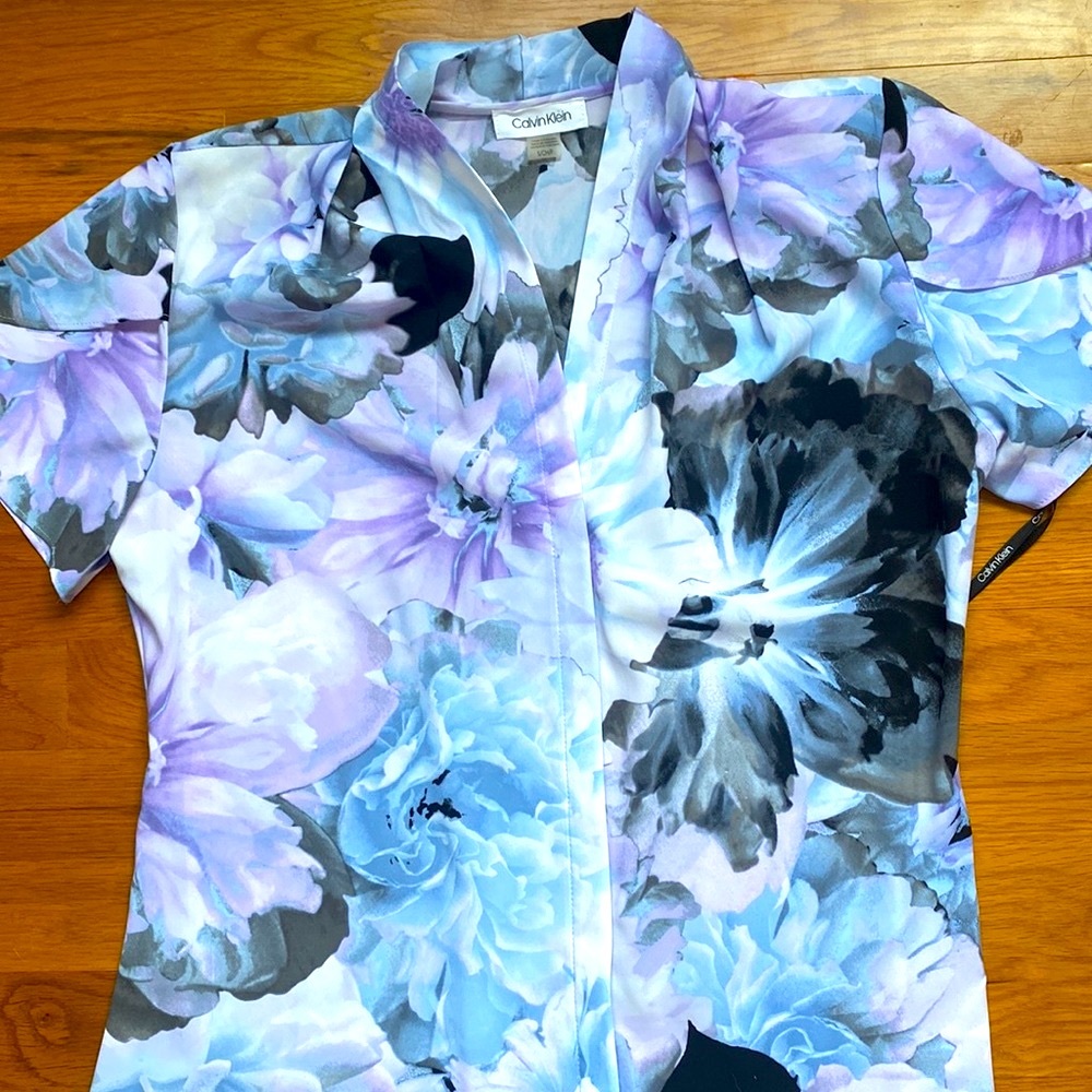 Calvin Klein Floral Satin Blouse in Lavender, Light Blue, Black